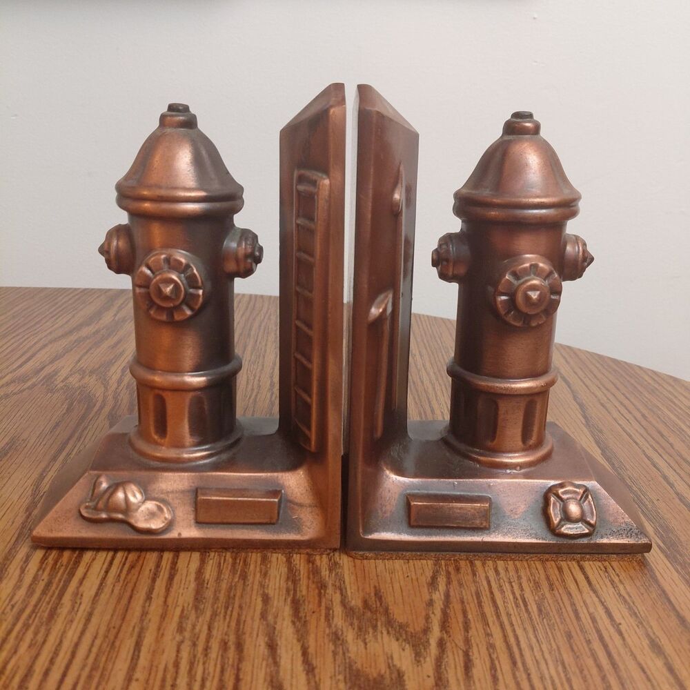 Pair of Fire Hydrant Fireman Metal Bookends Copper Finish 7-1/4 inch Tall